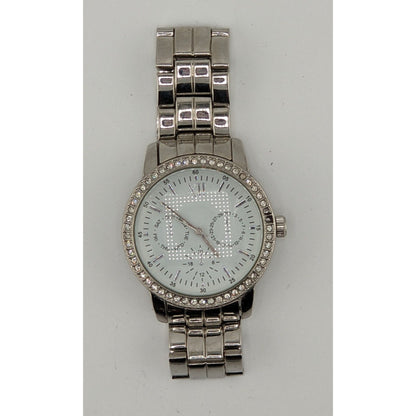 Silver-Tone Glam Mens Analog Watch With Crystal Accents Day & Date Subdials