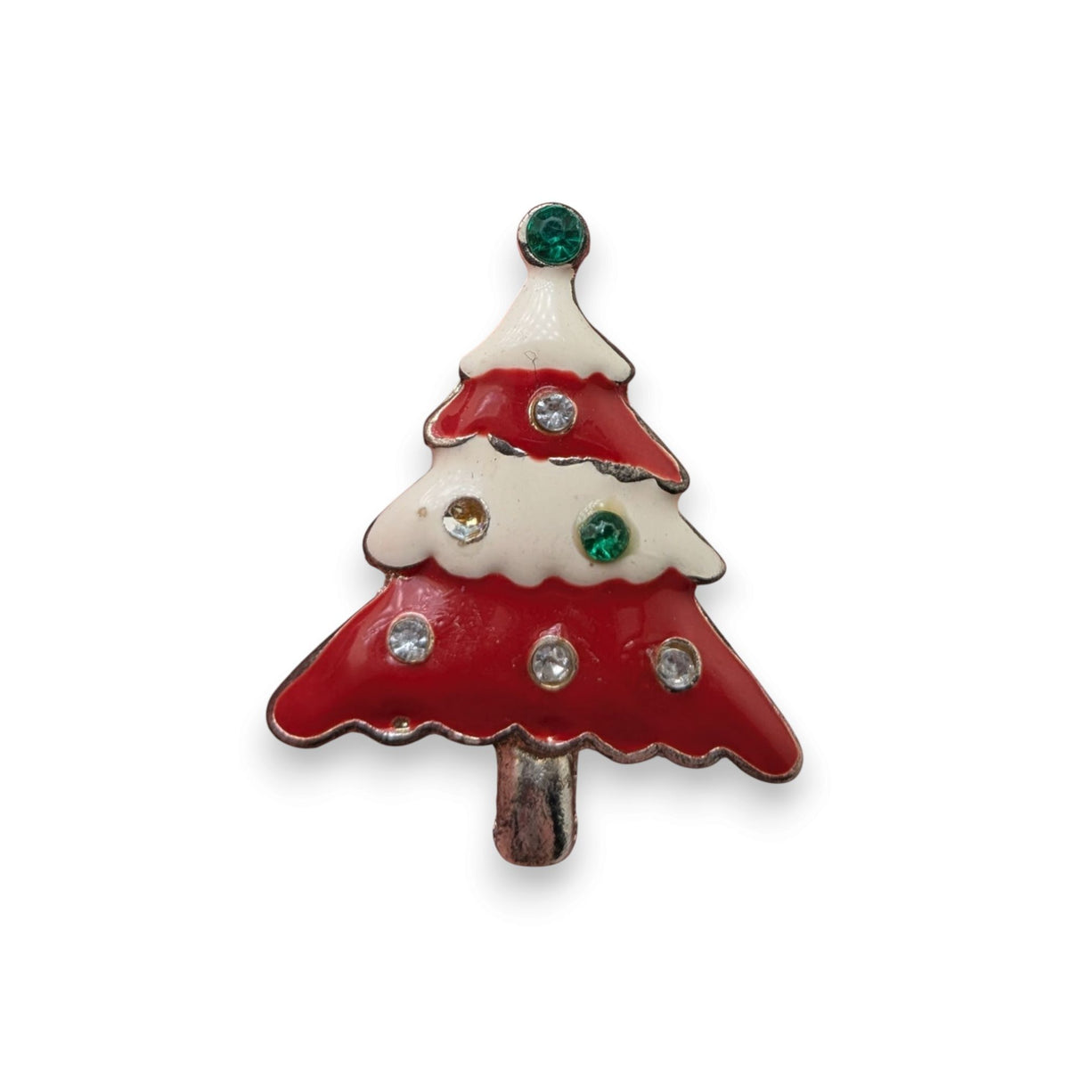 Vintage Festive Enamel Red White Rhinestone Christmas Tree Brooch 1 1/4 Inch