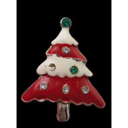Vintage Festive Enamel Red White Rhinestone Christmas Tree Brooch 1 1/4 Inch