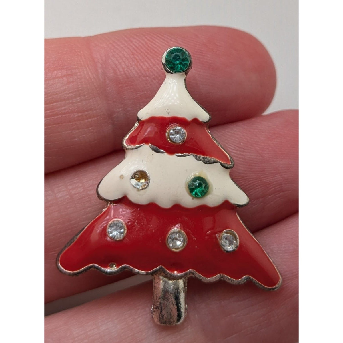 Vintage Festive Enamel Red White Rhinestone Christmas Tree Brooch 1 1/4 Inch