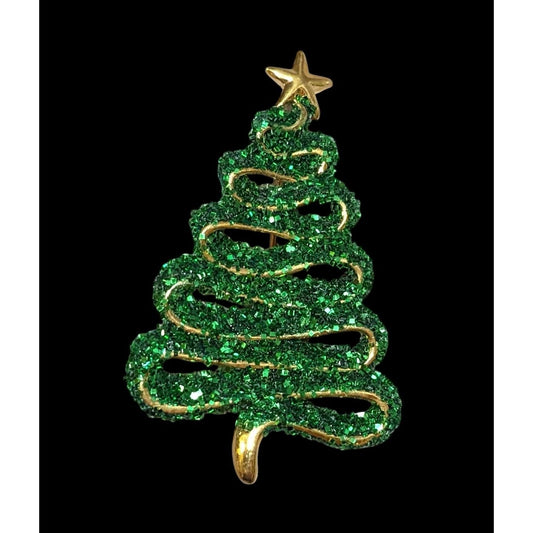 Vintage Modernist Gold Tone Green Glitter Christmas Tree Brooch