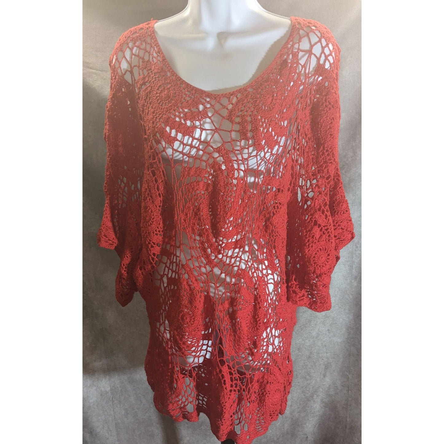 Denim 24/7 Crochet Floral Sweater Red Open Knit Boho Summer