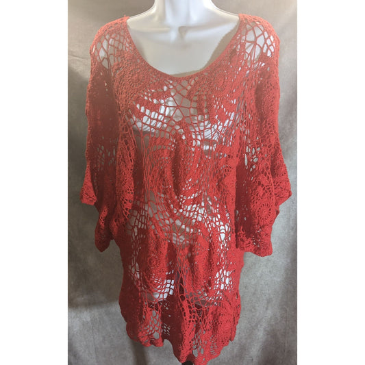 Denim 24/7 Crochet Floral Sweater Red Open Knit Boho Summer