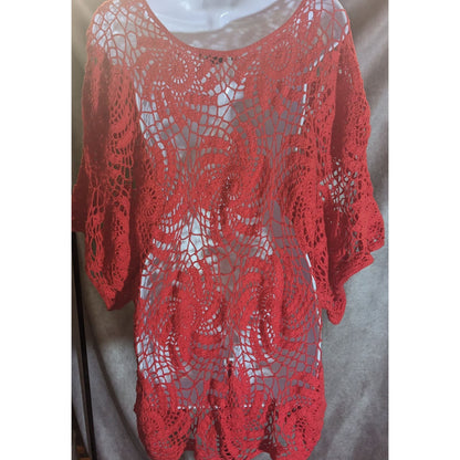 Denim 24/7 Crochet Floral Sweater Red Open Knit Boho Summer