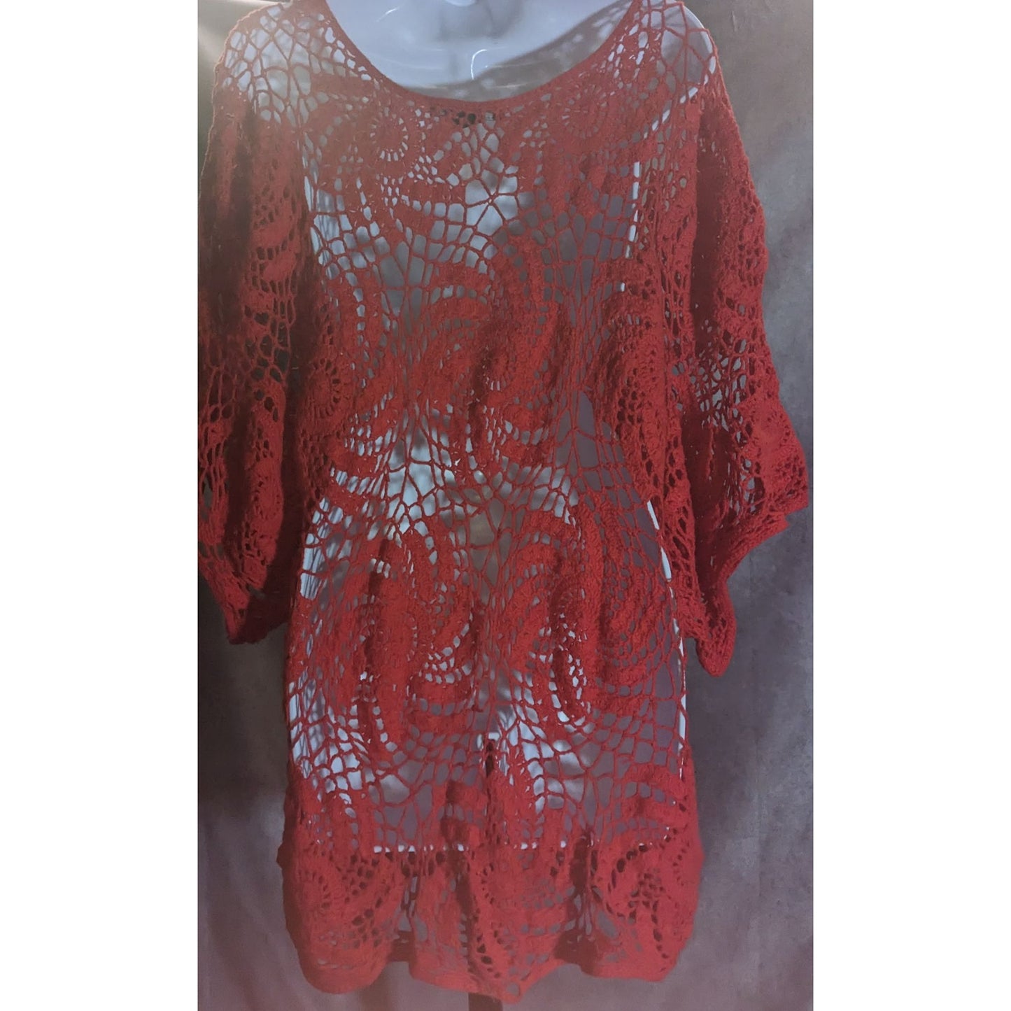 Denim 24/7 Crochet Floral Sweater Red Open Knit Boho Summer