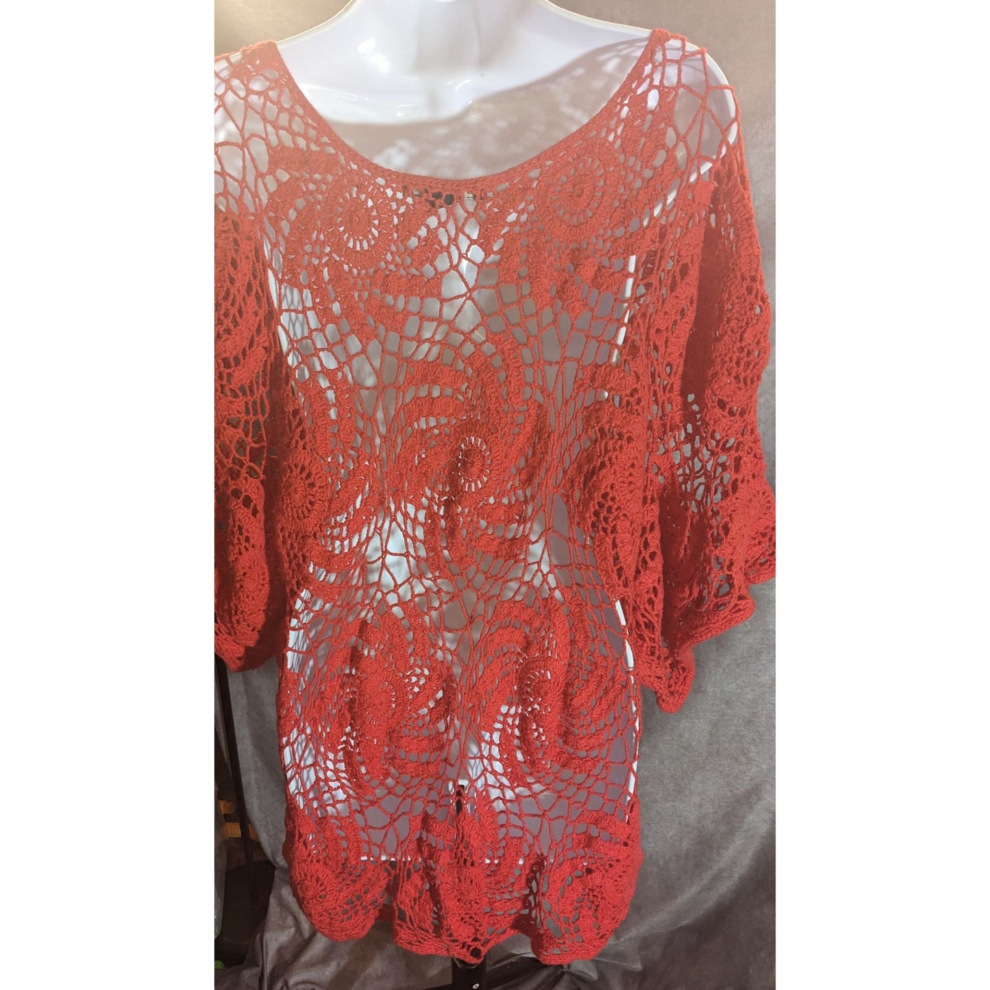Denim 24/7 Crochet Floral Sweater Red Open Knit Boho Summer