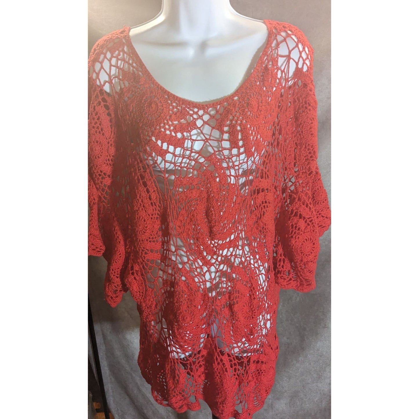 Denim 24/7 Crochet Floral Sweater Red Open Knit Boho Summer
