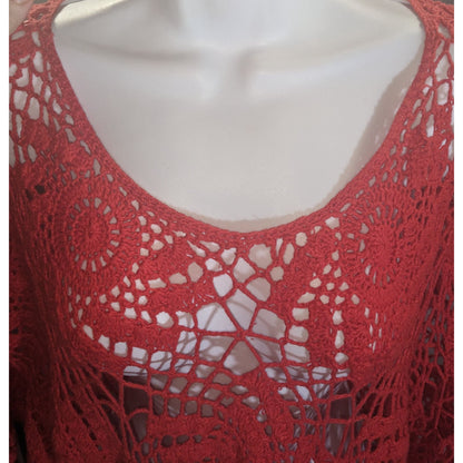 Denim 24/7 Crochet Floral Sweater Red Open Knit Boho Summer