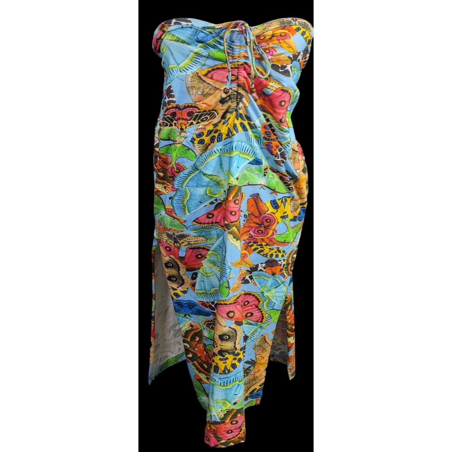 Summer Festival Abacaxi Womens Large Butterfly Print Tube Dress With Drawstring Side Slits
