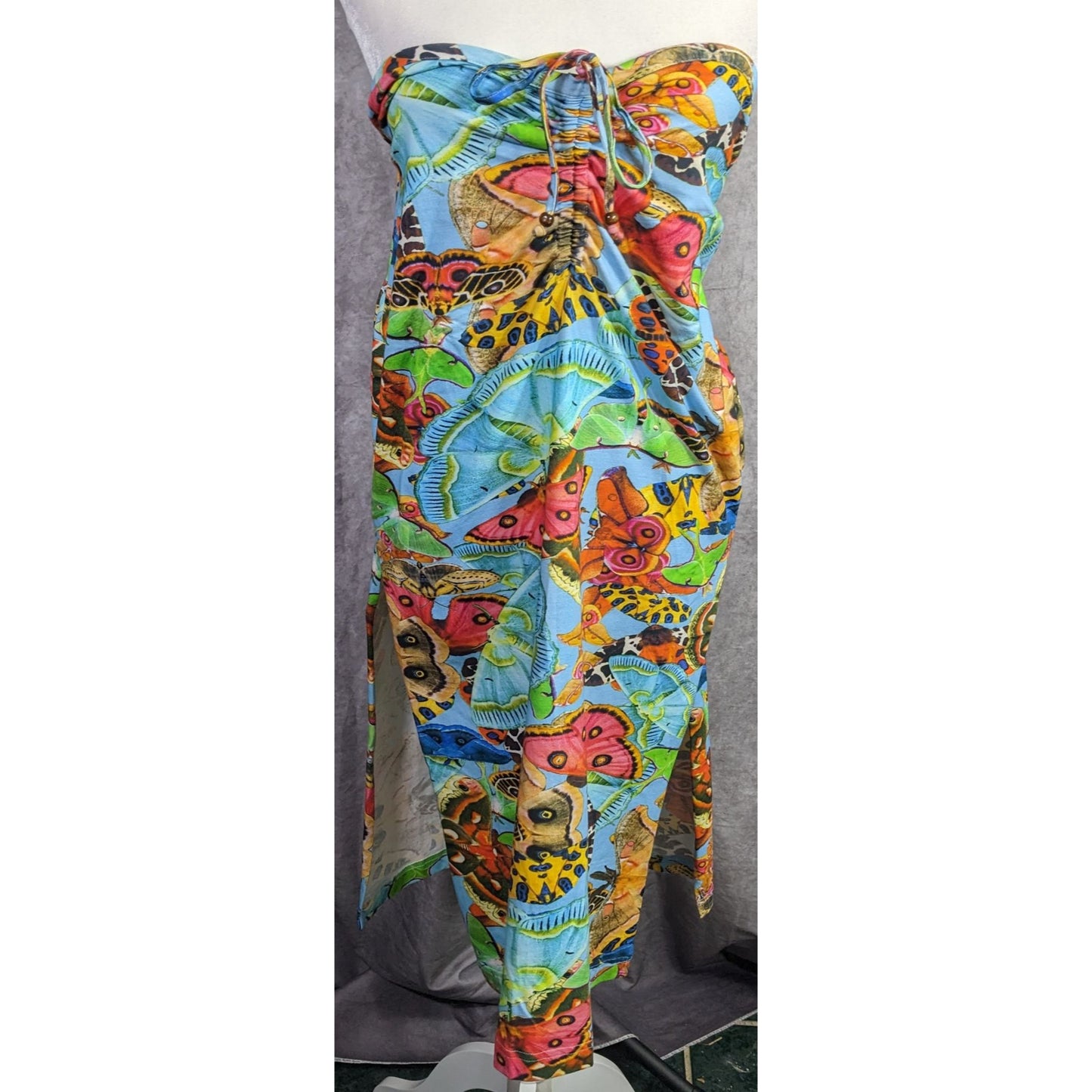 Summer Festival Abacaxi Womens Large Butterfly Print Tube Dress With Drawstring Side Slits