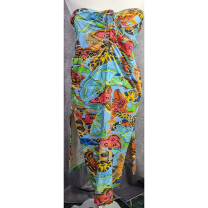 Summer Festival Abacaxi Womens Large Butterfly Print Tube Dress With Drawstring Side Slits