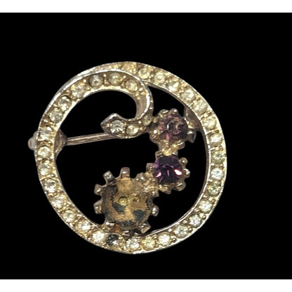 Vintage Floral Rhinestone Gold Tone Brooch