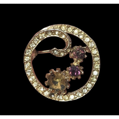 Vintage Floral Rhinestone Gold Tone Brooch