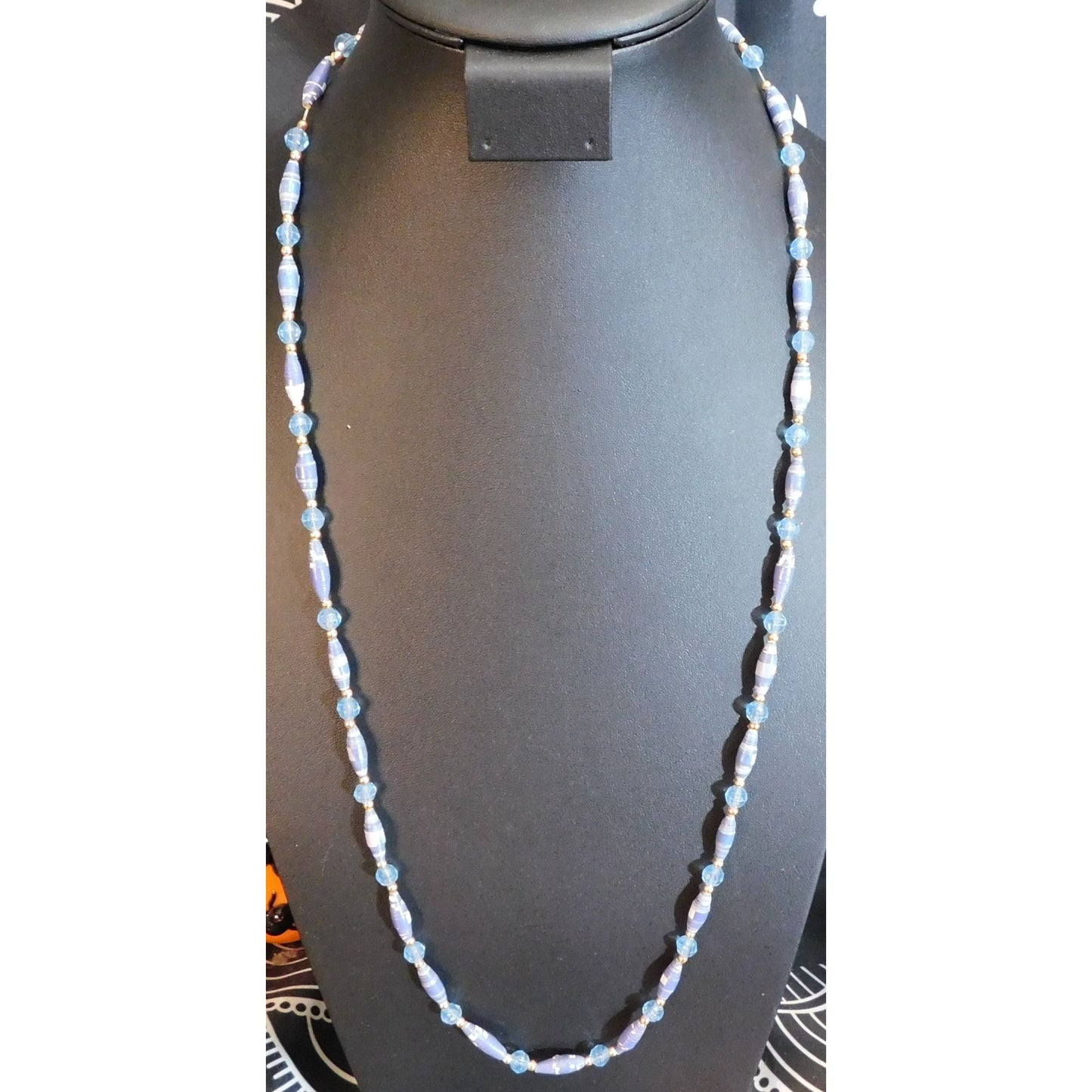 Handmade Blue Paper Wrap Bead Necklace With Gold Tone Accents