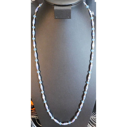 Handmade Blue Paper Wrap Bead Necklace With Gold Tone Accents