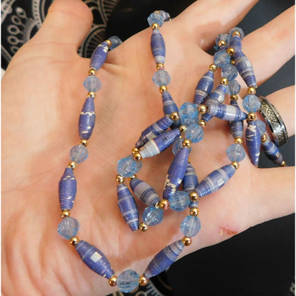 Handmade Blue Paper Wrap Bead Necklace With Gold Tone Accents