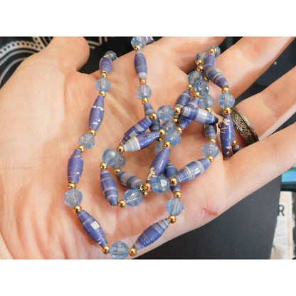 Handmade Blue Paper Wrap Bead Necklace With Gold Tone Accents