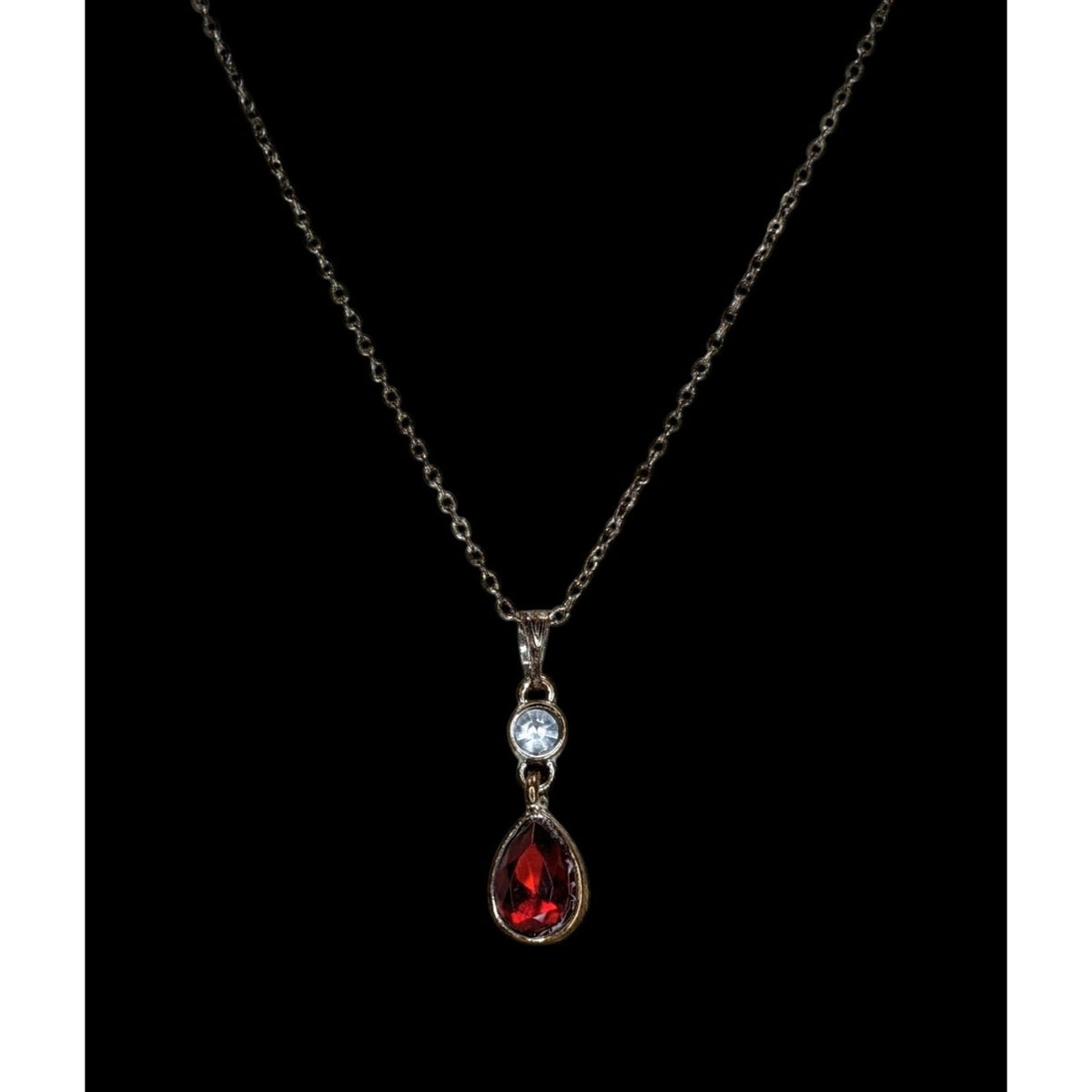 Gothic Vampire Red Teardrop Crystal Silver Tone Pendant Necklace 18 Inch