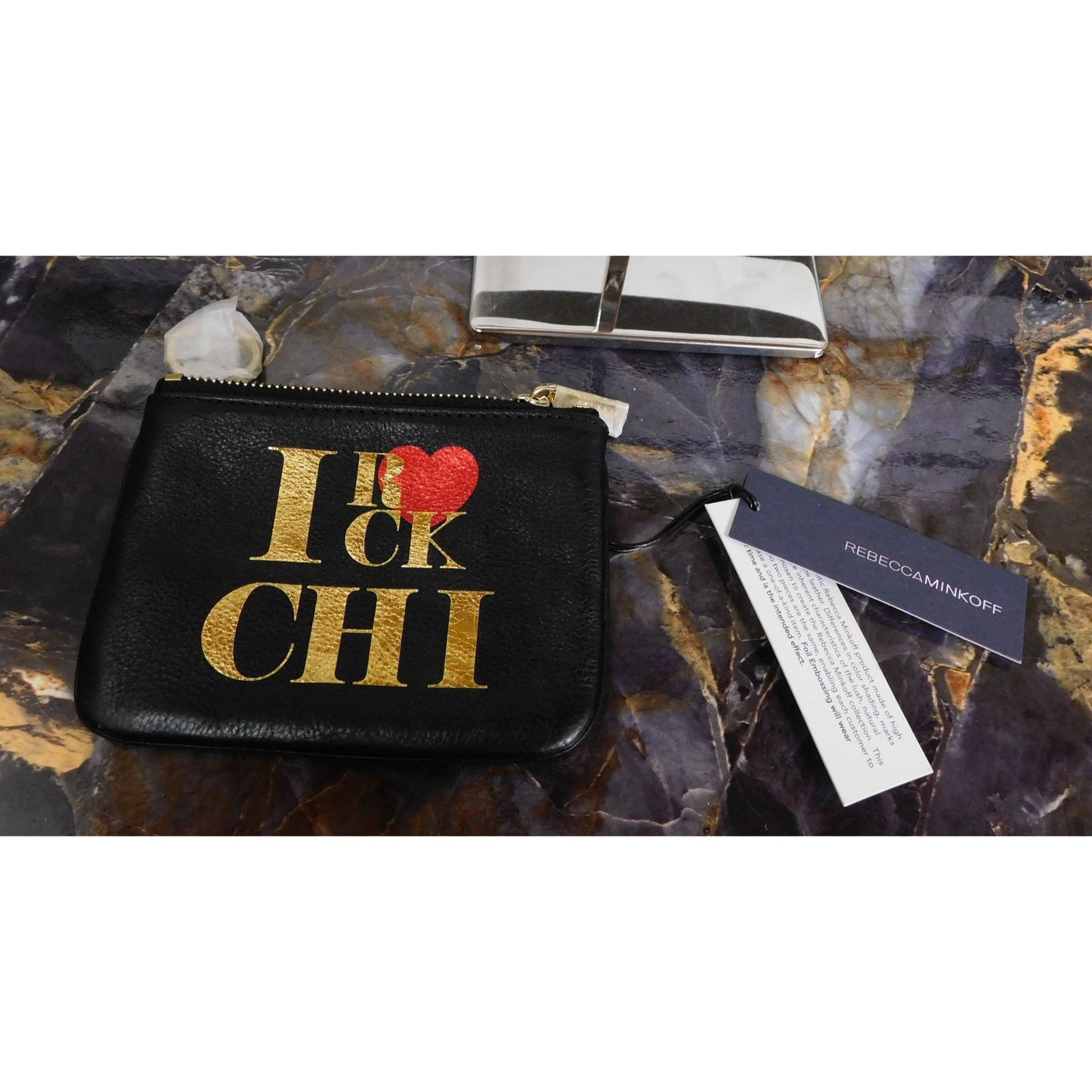 Rebecca Minkoff Black Leather I Rock CHI Coin Pouch With Gold Tone Zipper