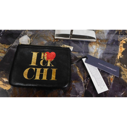 Rebecca Minkoff Black Leather I Rock CHI Coin Pouch With Gold Tone Zipper