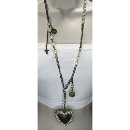 Coquette Romantic Pearl Heart Pendant Layered Statement Necklace