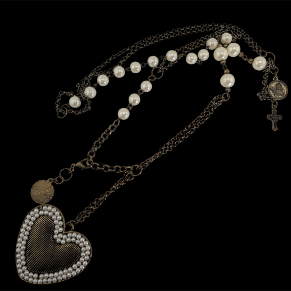 Coquette Romantic Pearl Heart Pendant Layered Statement Necklace