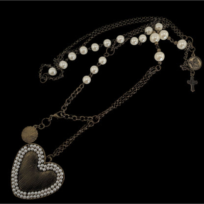 Coquette Romantic Pearl Heart Pendant Layered Statement Necklace