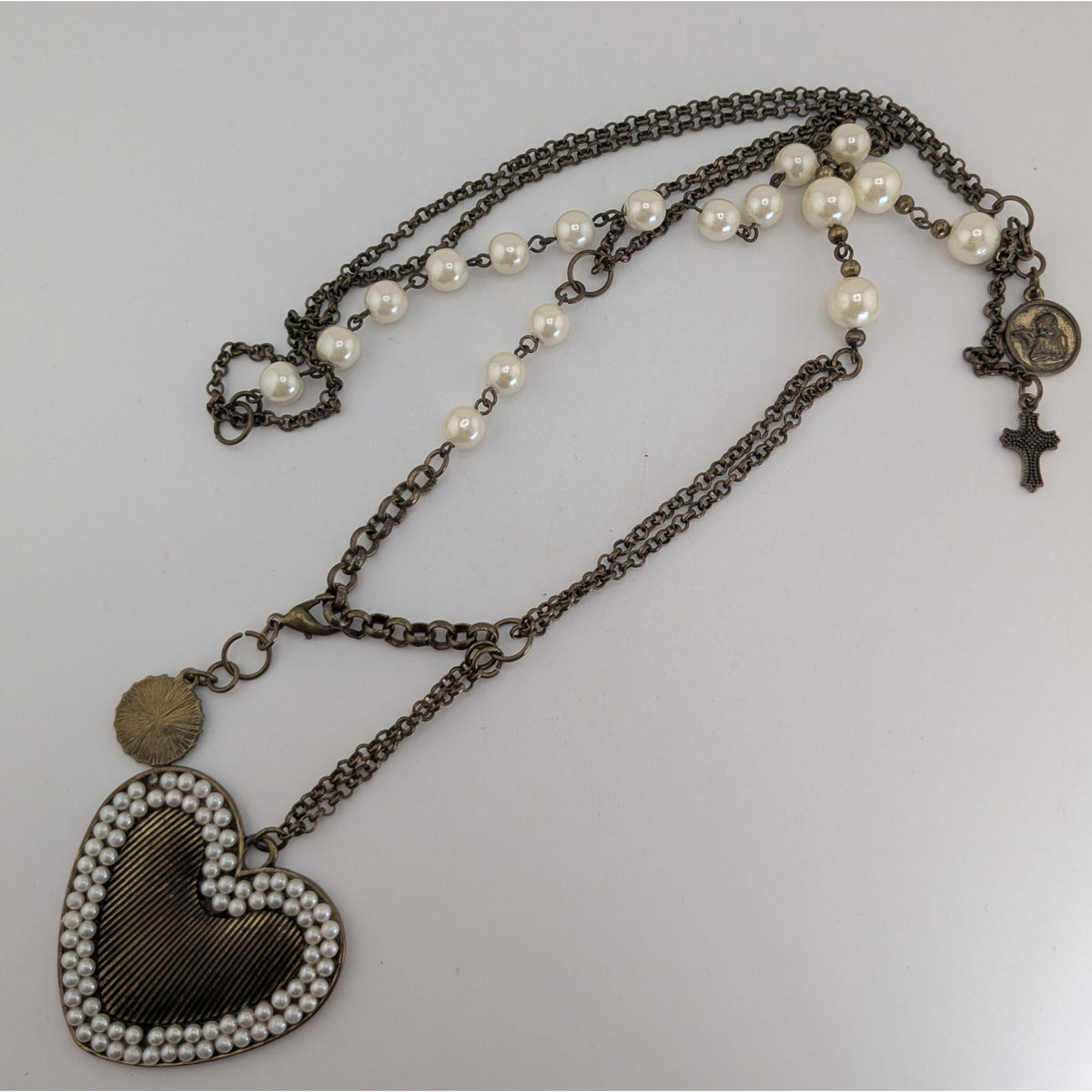 Coquette Romantic Pearl Heart Pendant Layered Statement Necklace