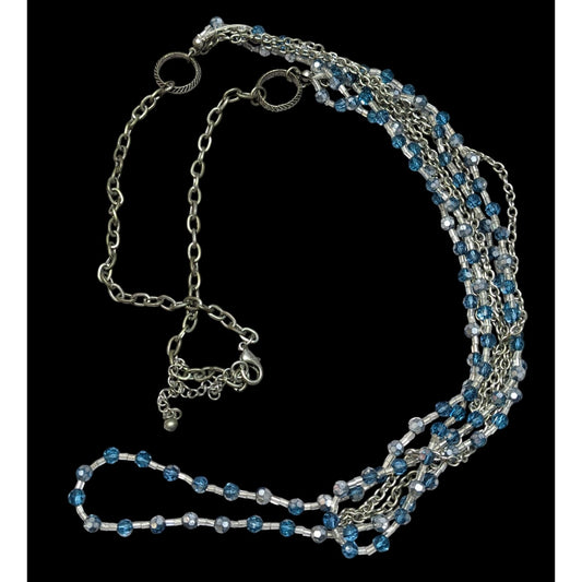 Vintage Blue And Silver Tone Beaded  Layered Multi Chain Statement Necklace
