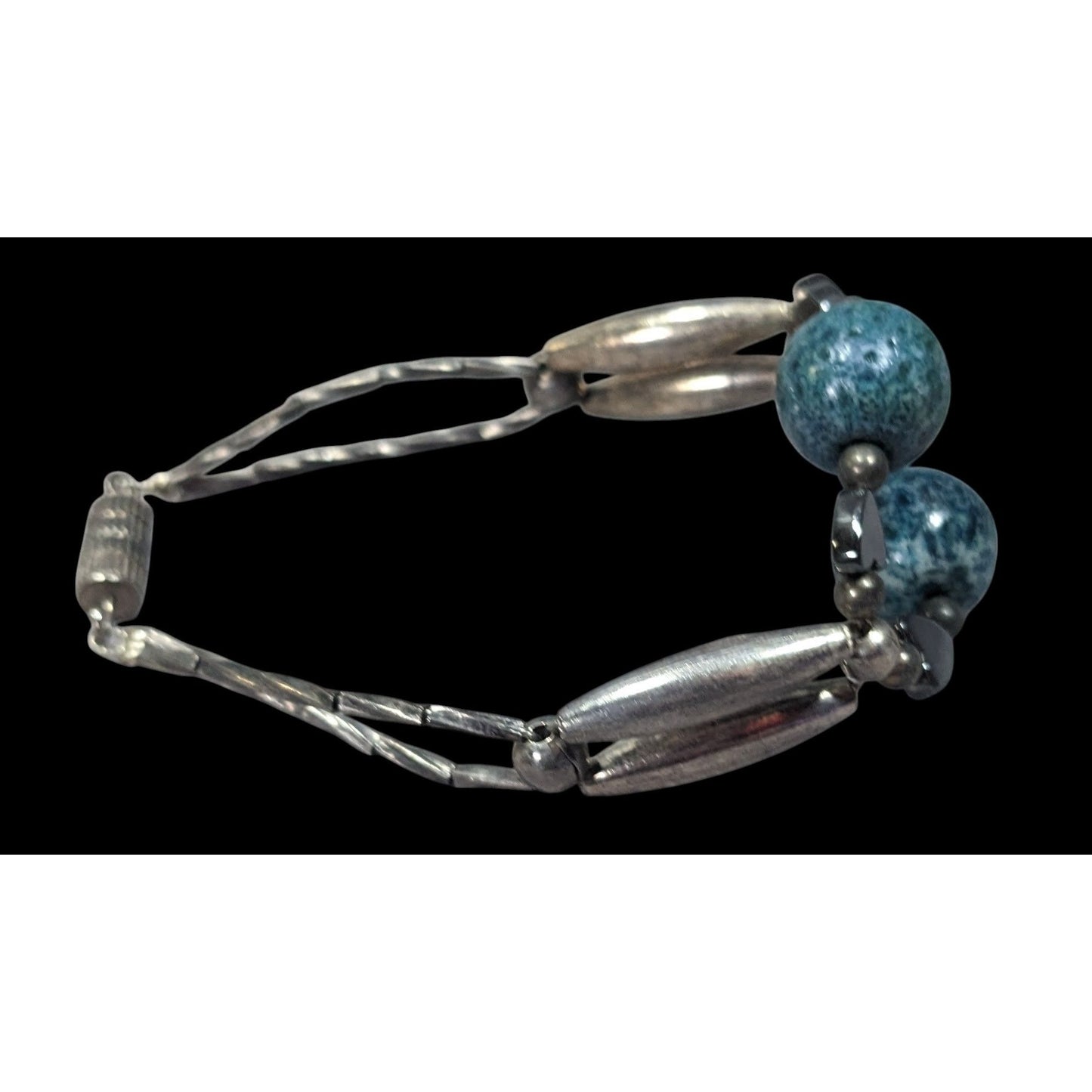 Casual Retro Blue And Silver Tone Beaded Bracelet With Hematite Hearts