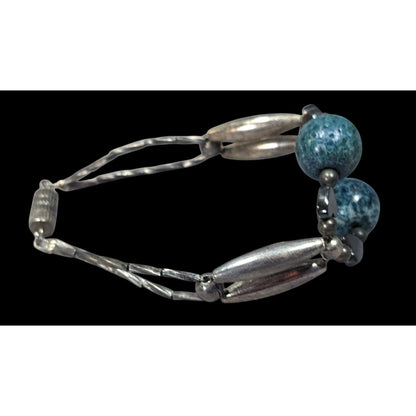 Casual Retro Blue And Silver Tone Beaded Bracelet With Hematite Hearts