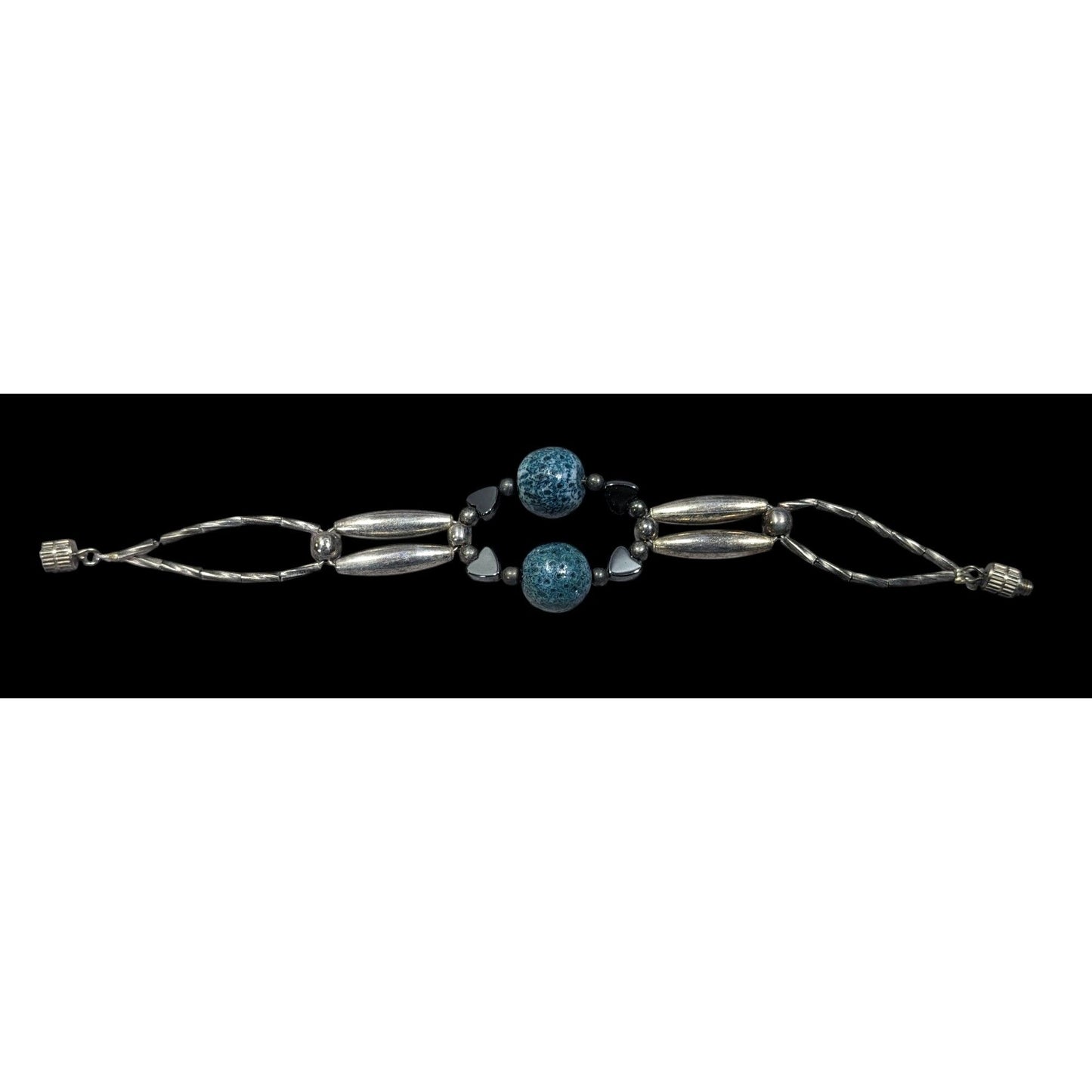 Casual Retro Blue And Silver Tone Beaded Bracelet With Hematite Hearts