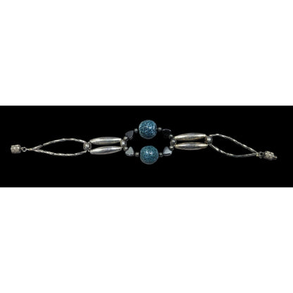 Casual Retro Blue And Silver Tone Beaded Bracelet With Hematite Hearts