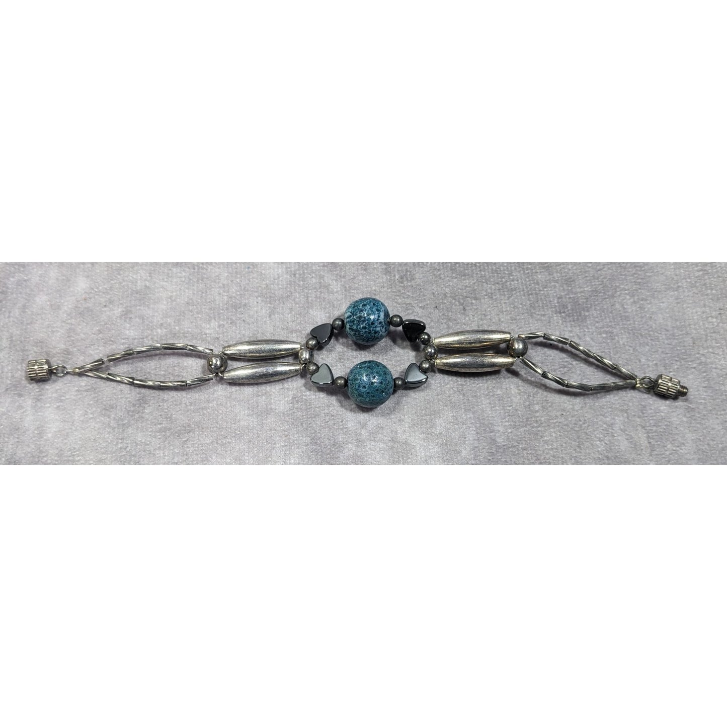 Casual Retro Blue And Silver Tone Beaded Bracelet With Hematite Hearts