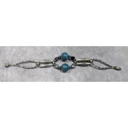 Casual Retro Blue And Silver Tone Beaded Bracelet With Hematite Hearts