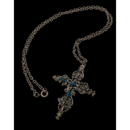 Vintage Gothic Ornate Silver Tone Cross Necklace With Blue Stones