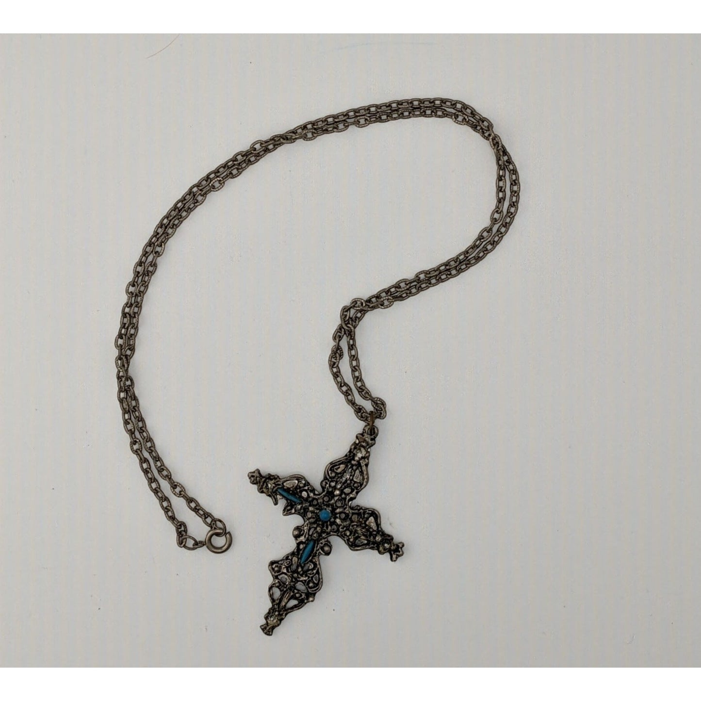 Vintage Gothic Ornate Silver Tone Cross Necklace With Blue Stones