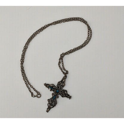 Vintage Gothic Ornate Silver Tone Cross Necklace With Blue Stones