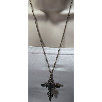 Vintage Gothic Ornate Silver Tone Cross Necklace With Blue Stones