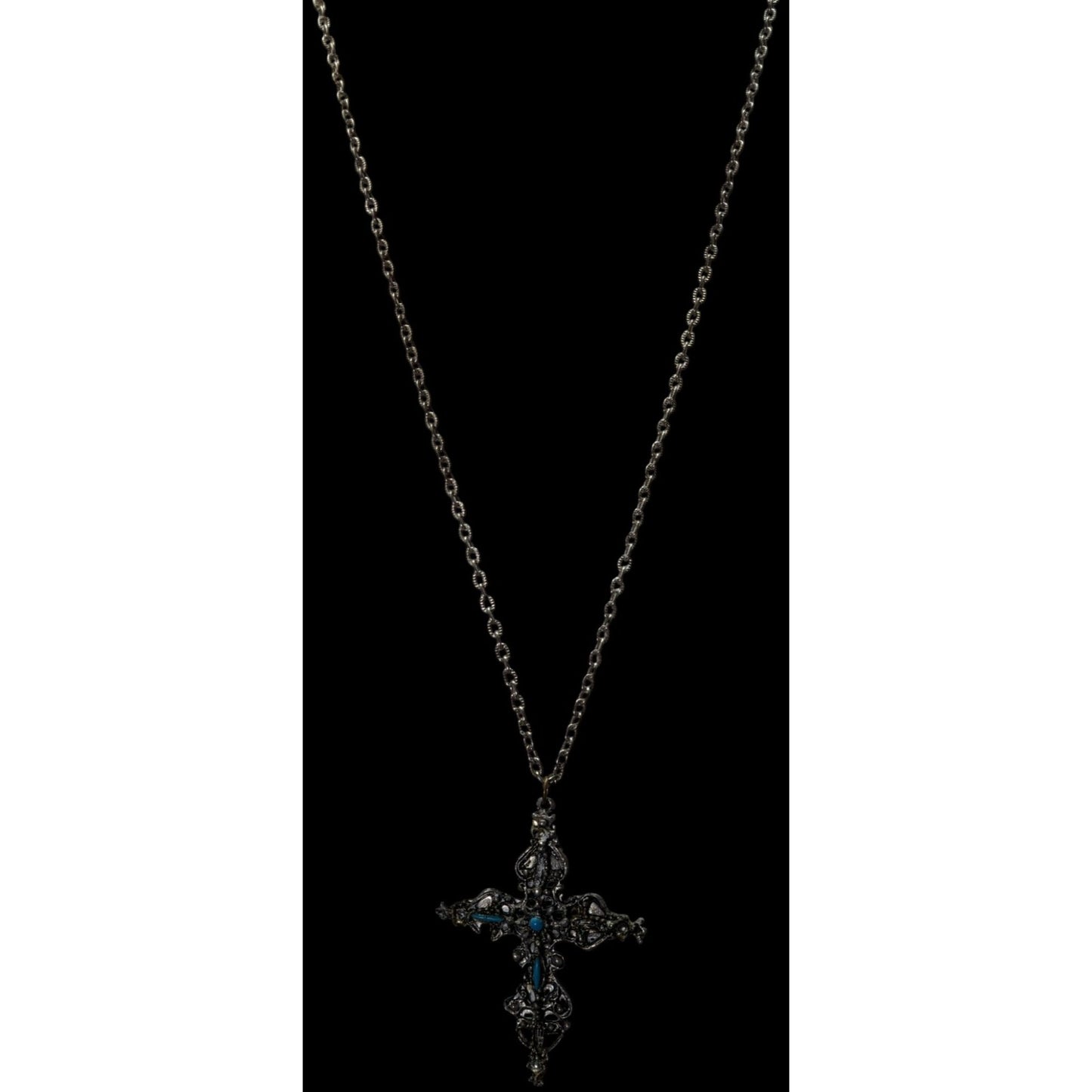 Vintage Gothic Ornate Silver Tone Cross Necklace With Blue Stones