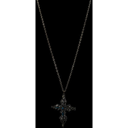 Vintage Gothic Ornate Silver Tone Cross Necklace With Blue Stones