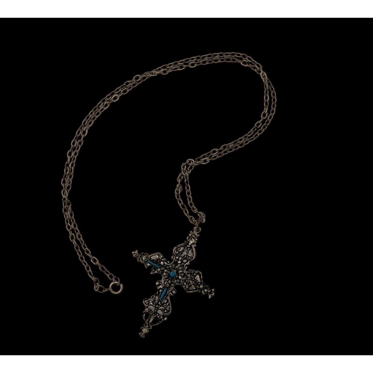 Vintage Gothic Ornate Silver Tone Cross Necklace With Blue Stones