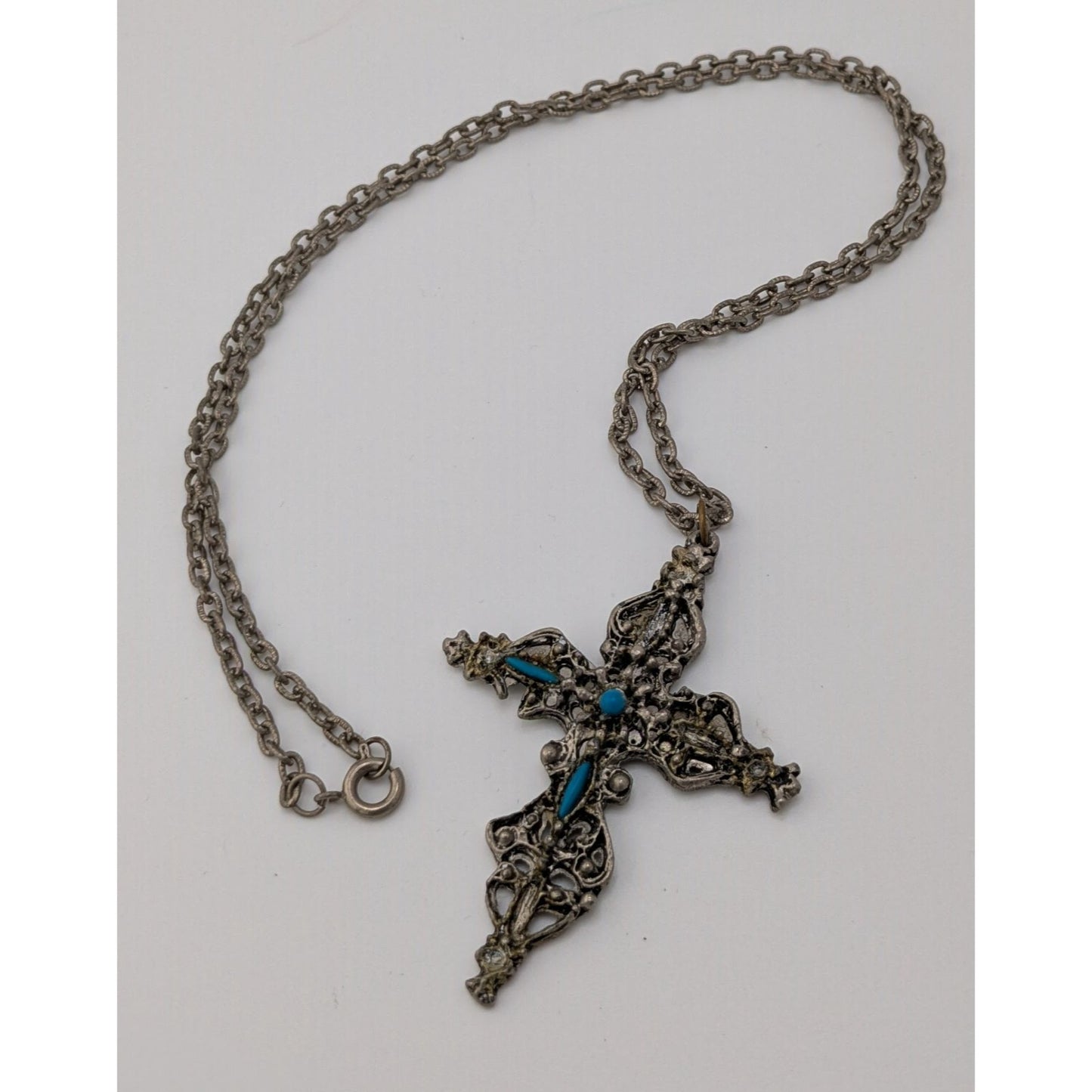 Vintage Gothic Ornate Silver Tone Cross Necklace With Blue Stones