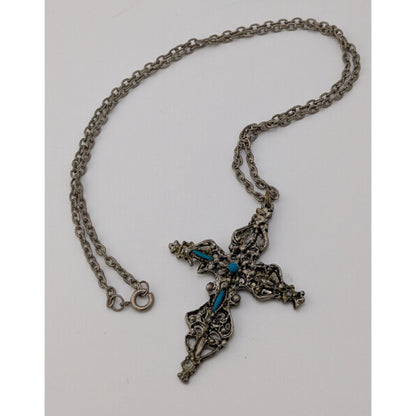 Vintage Gothic Ornate Silver Tone Cross Necklace With Blue Stones