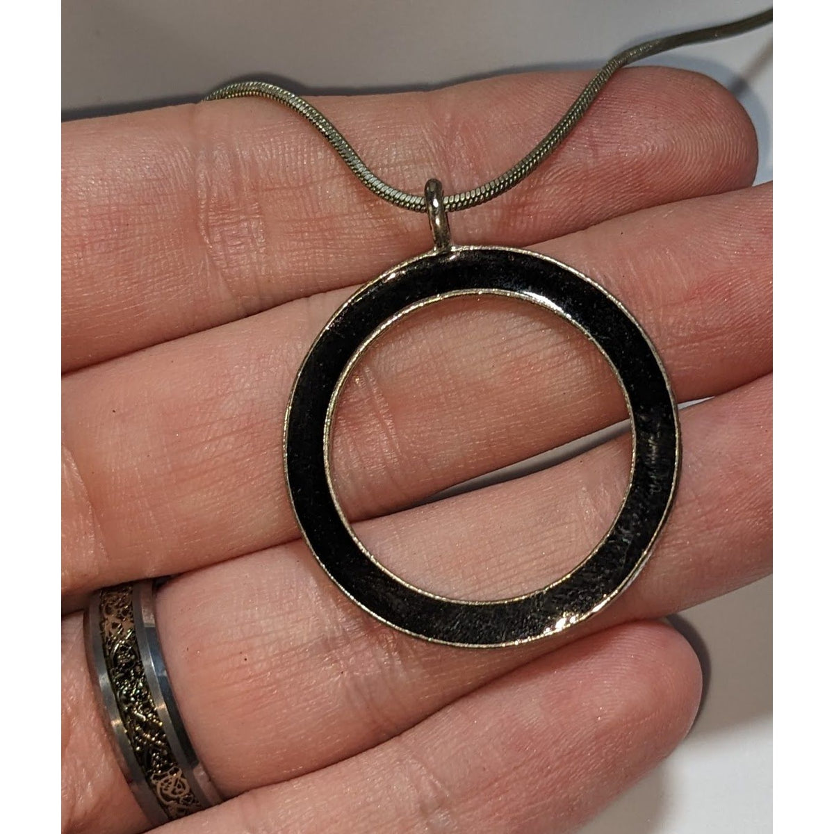 Minimalist Modernist Black Enamel Open Circle Pendant Necklace 14 Inch