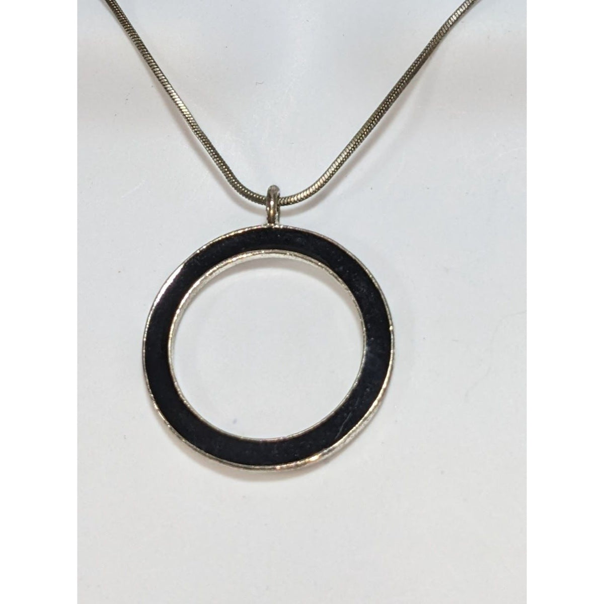 Minimalist Modernist Black Enamel Open Circle Pendant Necklace 14 Inch