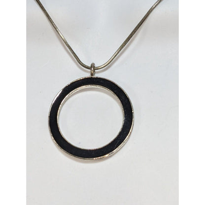 Minimalist Modernist Black Enamel Open Circle Pendant Necklace 14 Inch