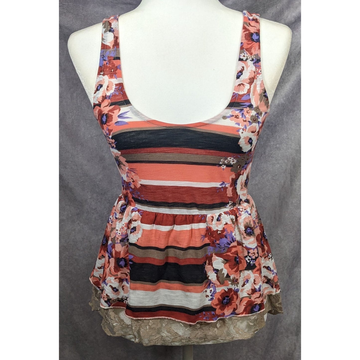 American Rag Floral Striped Lace Trim Peplum Top