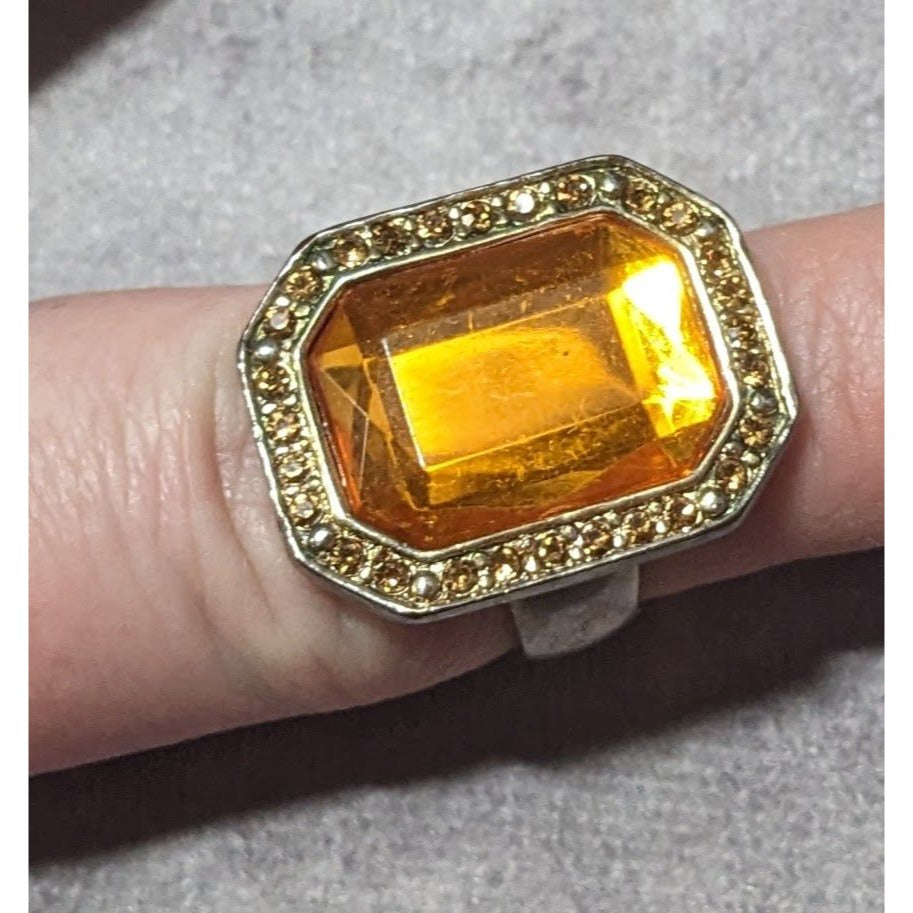 Vintage Topaz Glass Rhinestone Gemmed Statement Ring Size 6 3/4