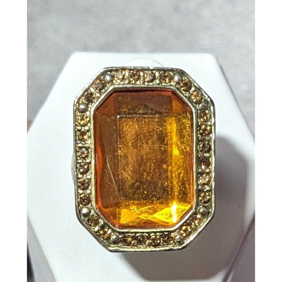 Vintage Topaz Glass Rhinestone Gemmed Statement Ring Size 6 3/4